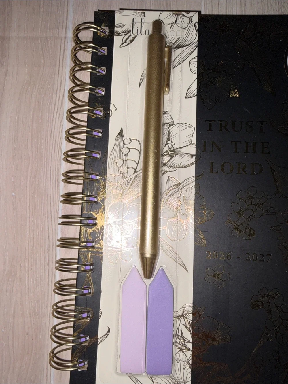 Faith-Inspired 2026-2027 Black & Gold Floral Planner with Gold Pen